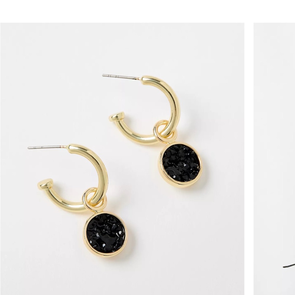 LOFT Gold hoop earrings w/ black druzy dangle charm - NWT